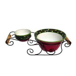 3 Piece Chip Dip Christmas Sleigh Set Removable Bowls Red Green Holly Berries